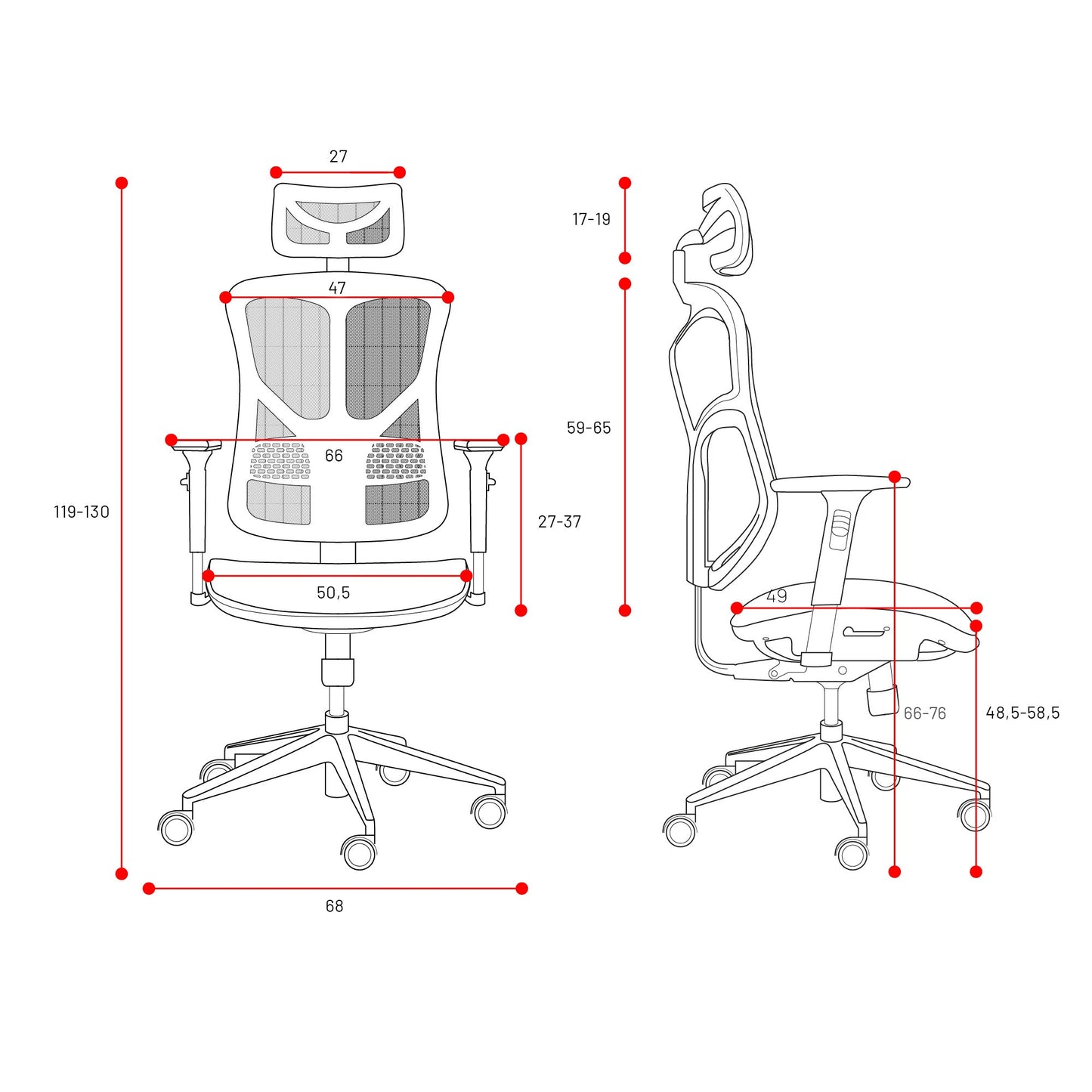 Krēsls V - Bas 119-130/50,5/68 cm balts/melns - N1 Home