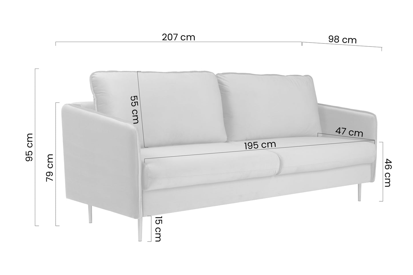 Dīvāns Tai 207/95/98 cm Velluto 18/ zelts kājas - N1 Home
